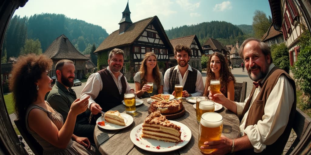 Elevated view of a quaint 18th-century German village in the Black Forest, captured with a fisheye lens. The scene shows a group of cheerful villagers in period attire gathered in the town square, enjoying slices of Black Forest cake and mugs of beer. The distorted wide-angle view encompasses thatched-roof houses, surrounding forest, and perhaps a church spire, giving a sense of the village nestled in the broader landscape.