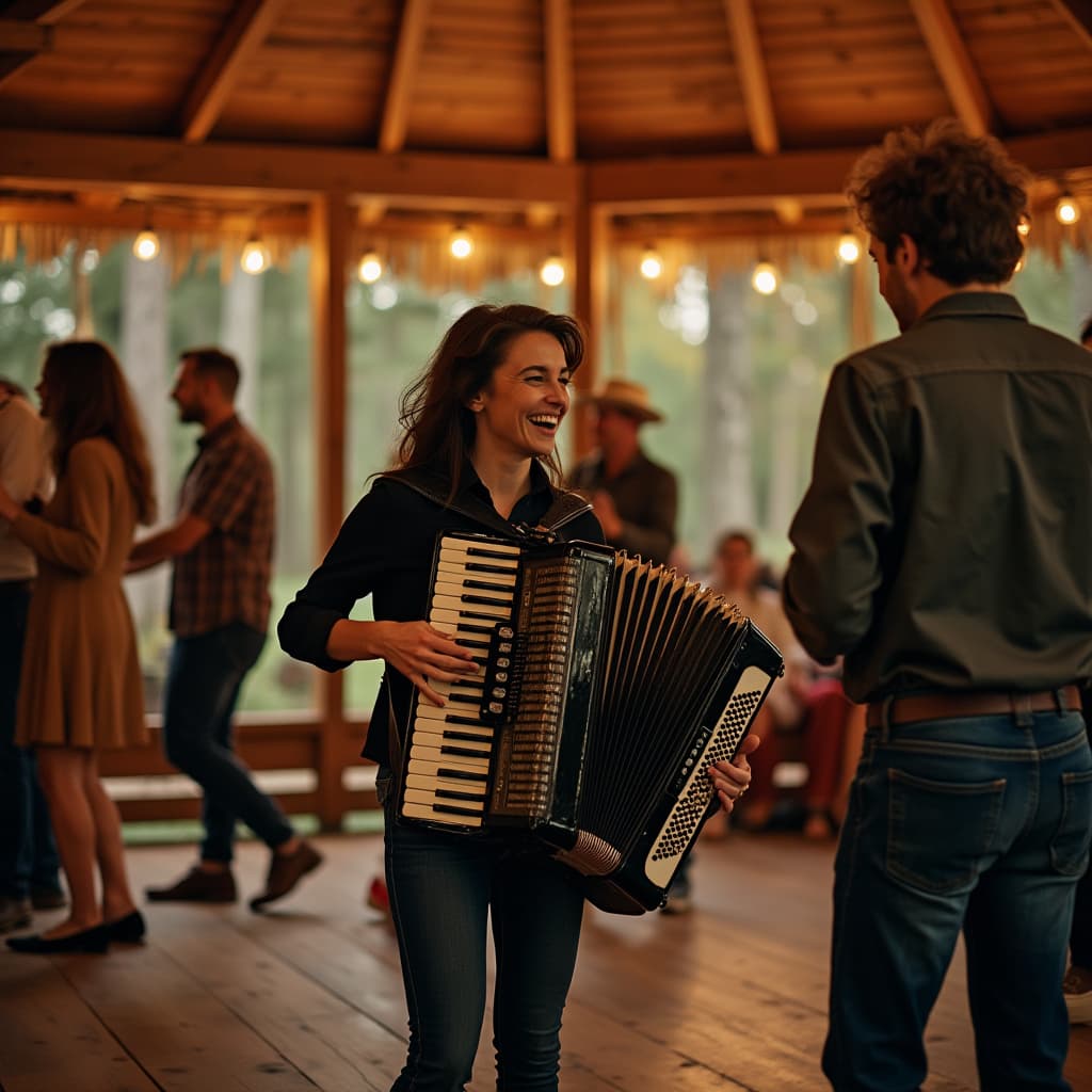 A dark-haired woman in her early thirties playing the piano accordion in the middle of an octagonal wooden dance floor with a wooden roof in the swedish forest, surrounded by dancers dancing in pairs