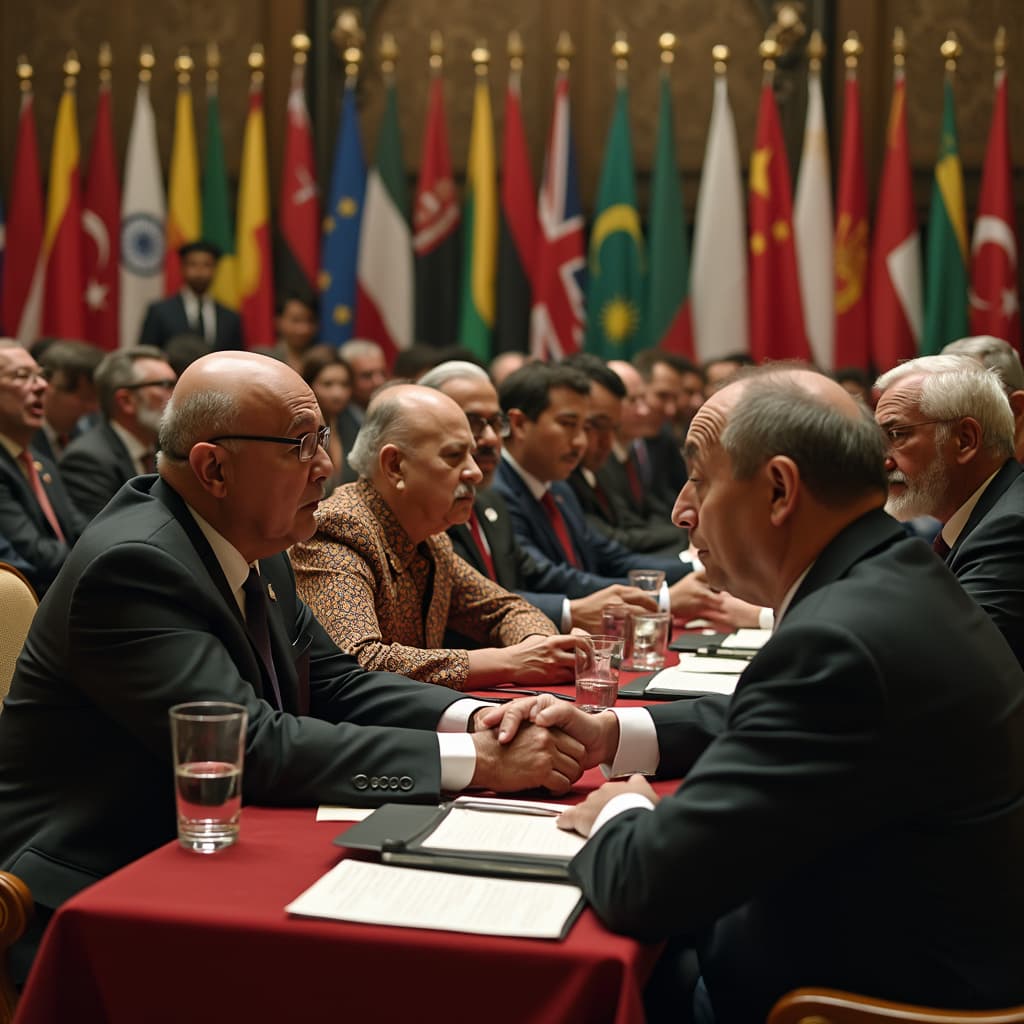 A tense diplomatic negotiation in a grand hall, featuring representatives from 20 different countries, each wearing traditional attire. The scene should include interpreters, aides whispering to their leaders, and visible emotional reactions ranging from frustration to hope.