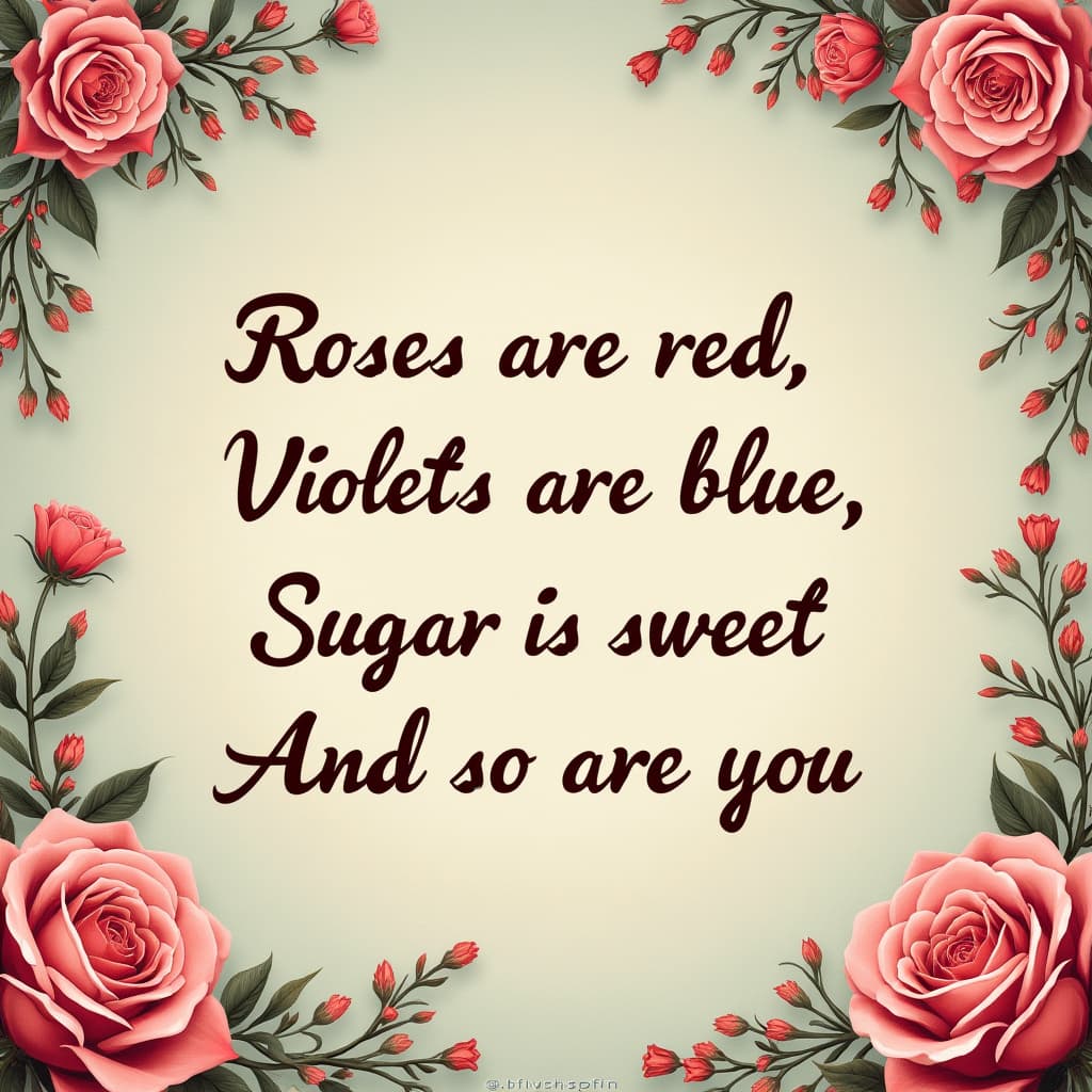 Write this poem with cursive text on a background that fits the words: Roses are red Violets are blue, Sugar is sweet And so are you.